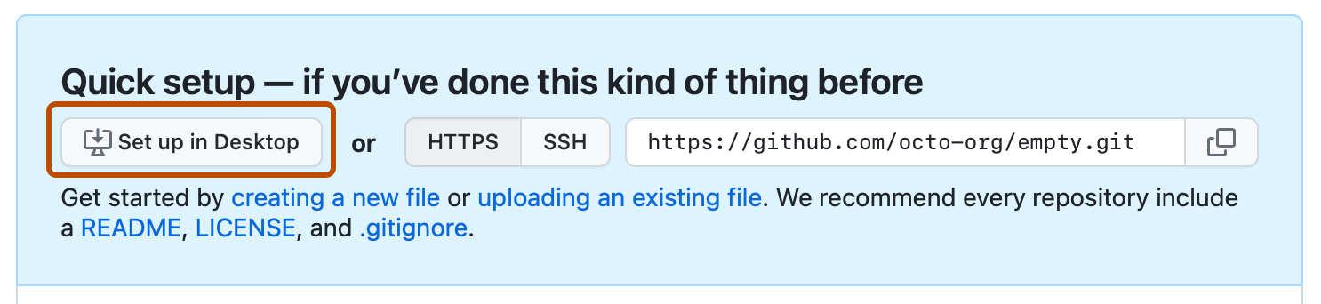 빈 리포지토리에 대한 빠른 설정 지침의 스크린샷. 다운로드 아이콘과 "데스크톱에서 설정"이라는 레이블이 있는 단추가 진한 주황색 윤곽선으로 표시되어 있습니다.
