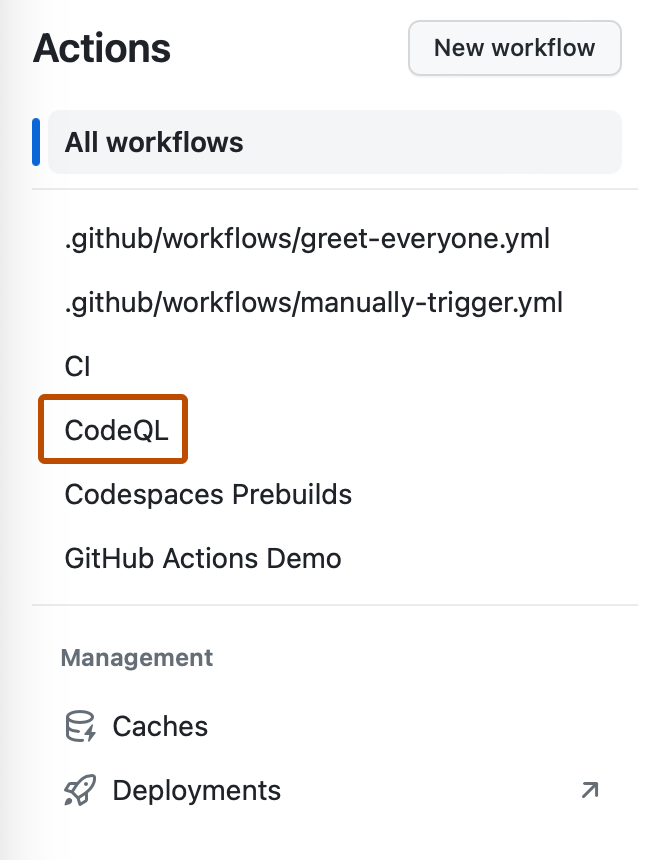 Screenshot der linken Randleiste der Registerkarte „Aktionen“. Ein Workflow, „CodeQL“, ist dunkelorange umrandet.