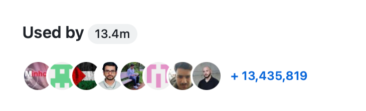 Screenshot: Abschnitt „Verwendet von“ für ein Repository. Rechts neben der Überschrift „Verwendet von“ wird „13,4 Mio.“ angezeigt. Unter der Überschrift befinden sich 8 Avatare und die Zahl „+13.435.819“.