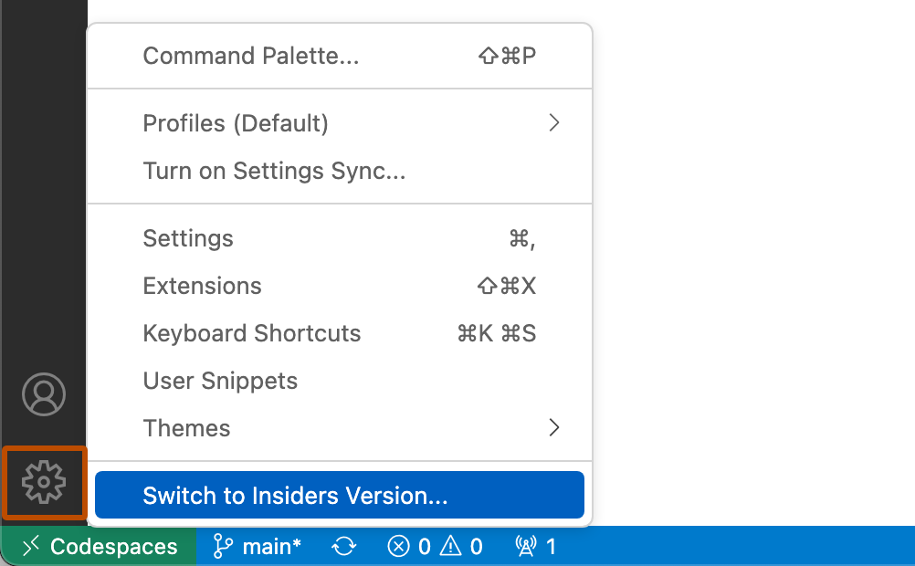 Screenshot des VS Code-Webclients. Das Zahnradsymbol ist orange umrandet. Im Menü wird „Zur Insiders-Version wechseln“ angezeigt.