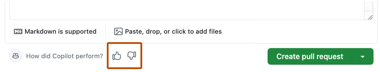 拉取请求评论底部的屏幕截图。 反馈图标、大拇指向上和大拇指向下，以深橙色边框突出显示。