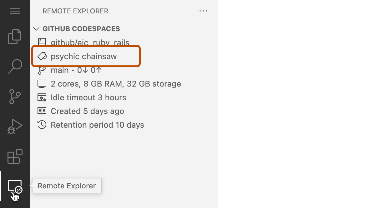 Captura de pantalla del "Explorador remoto" in VS Code. El nombre para mostrar del codespace, "encadenamiento psíquico", está resaltado con un contorno naranja oscuro.