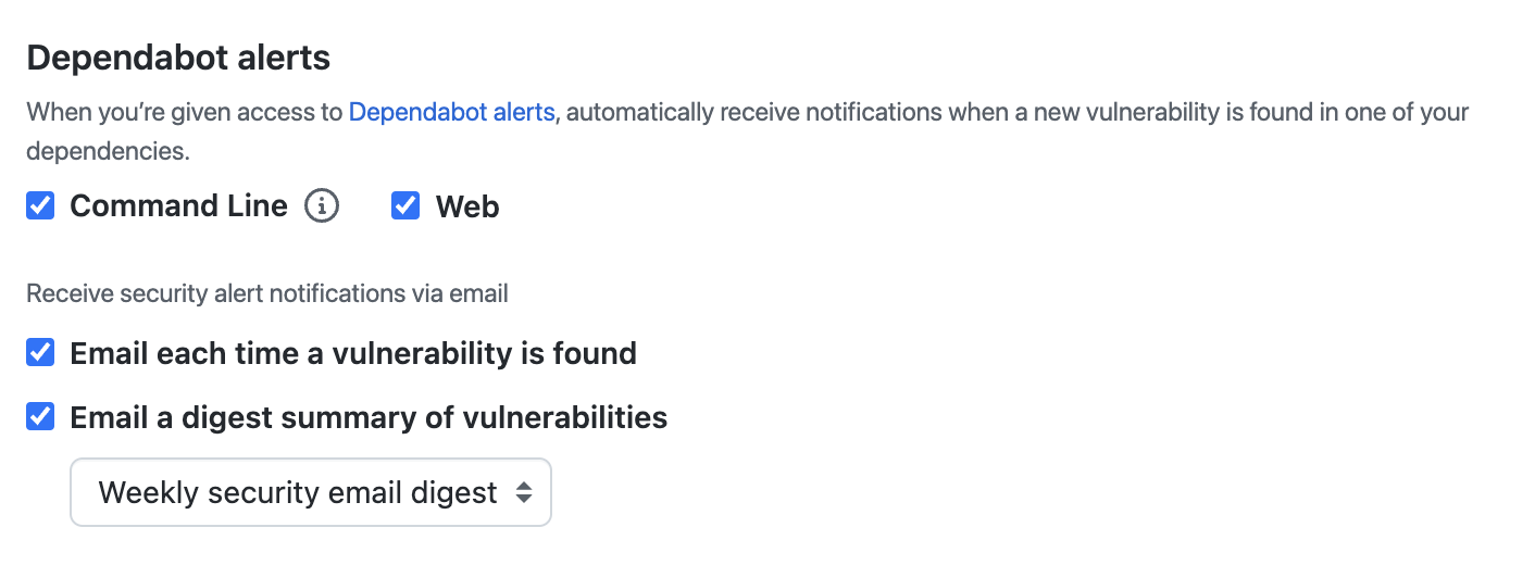 Capture d’écran des options de notification pour Dependabot alerts.