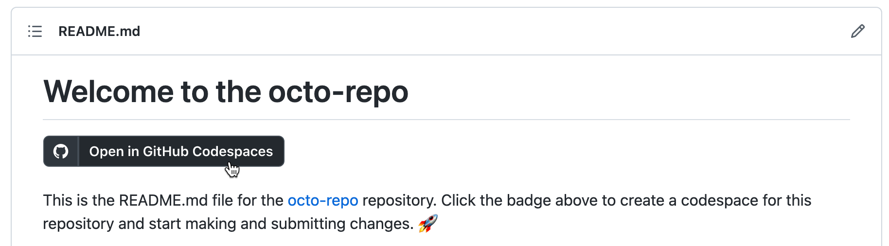 Captura de tela de uma notificação "Abrir no GitHub Codespaces" em uma página LEIAME.