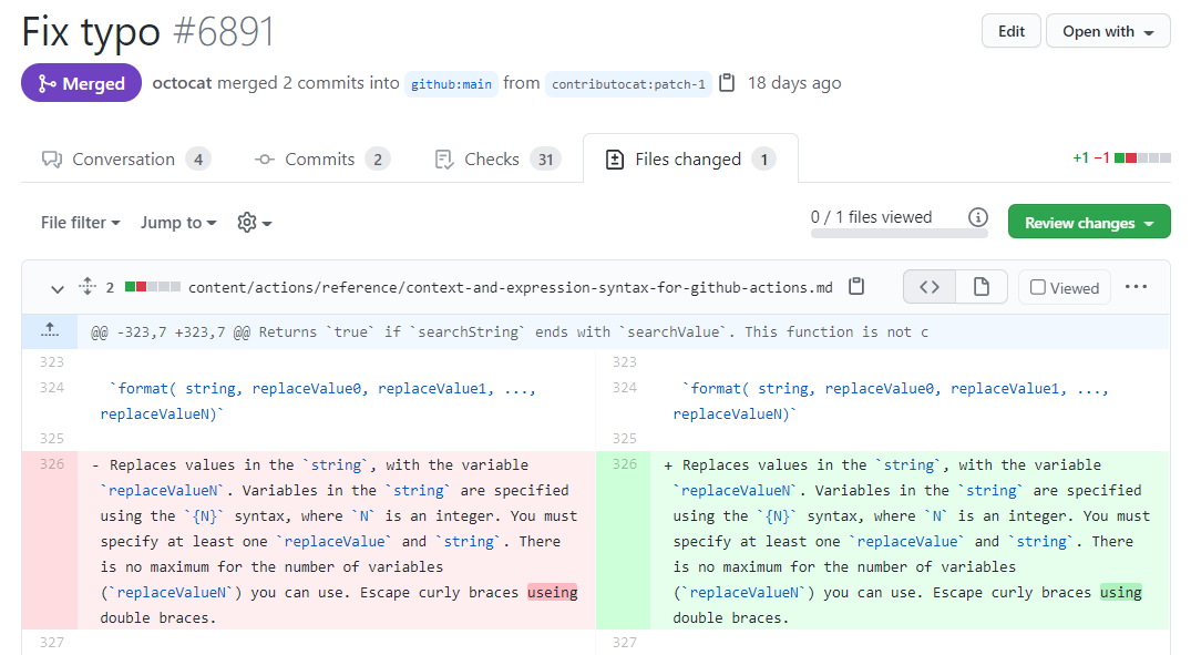 pull request の [ファイルの変更] タブのスクリーンショット。