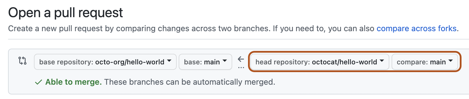 Menus suspensos para escolher o fork head e o branch de comparação