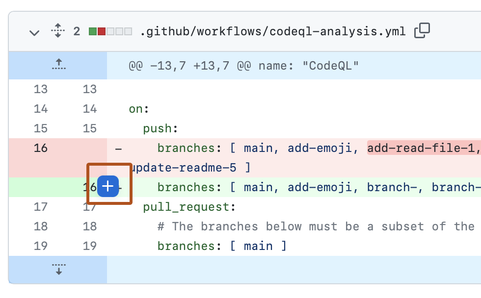 pull request の差分のスクリーンショット。 行番号の横に、青いプラス アイコンがオレンジ色の枠線で強調表示されています。