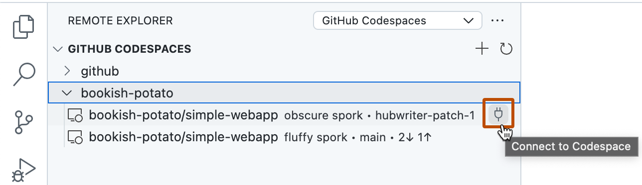 Captura de tela da barra lateral "Gerenciador Remoto". O ícone de conexão de um codespace (um símbolo de plugue) é realçado com um contorno laranja escuro.