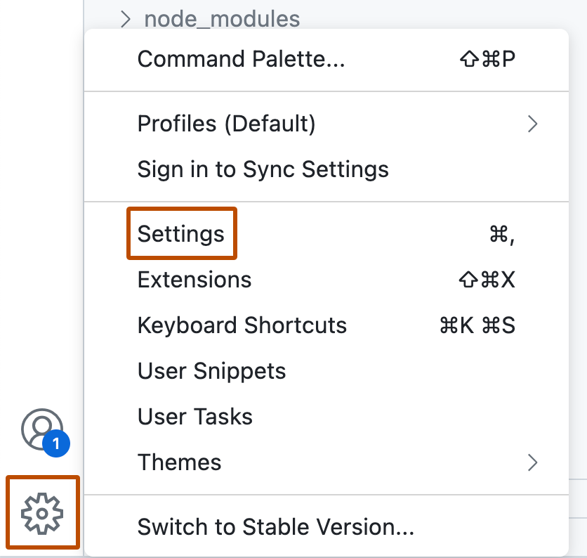 VS Code Web 客户端部分的屏幕截图。 菜单中的齿轮图标和“设置”选项均以橙色轮廓突出显示。