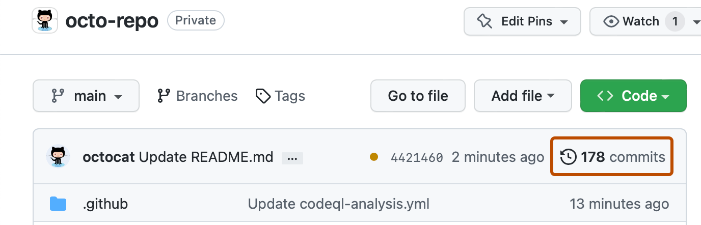 Screenshot der Hauptseite für ein Repository. Ein Uhrensymbol mit der Bezeichnung „178 Commits“ ist orange umrandet.