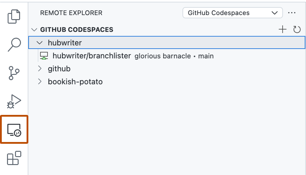 Capture d’écran de la barre d’activités. L’icône de la barre latérale « Explorateur distant » (rectangle avec un cercle par-dessus) est mise en évidence avec un encadré orange.