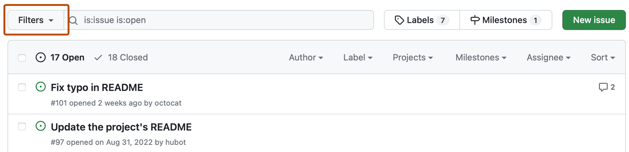 Screenshot der Liste der Issues für ein Repository. Oberhalb der Liste befindet sich ein dunkelorange umrandetes Dropdownmenü mit der Bezeichnung „Filter“.