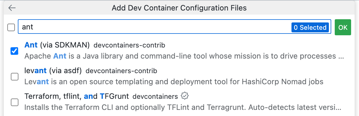 Captura de tela do menu suspenso "Adicionar Arquivos de Configuração de Contêiner de Desenvolvimento" com "ant" no campo de pesquisa e a opção "Ant (via SDKMAN)" selecionada.