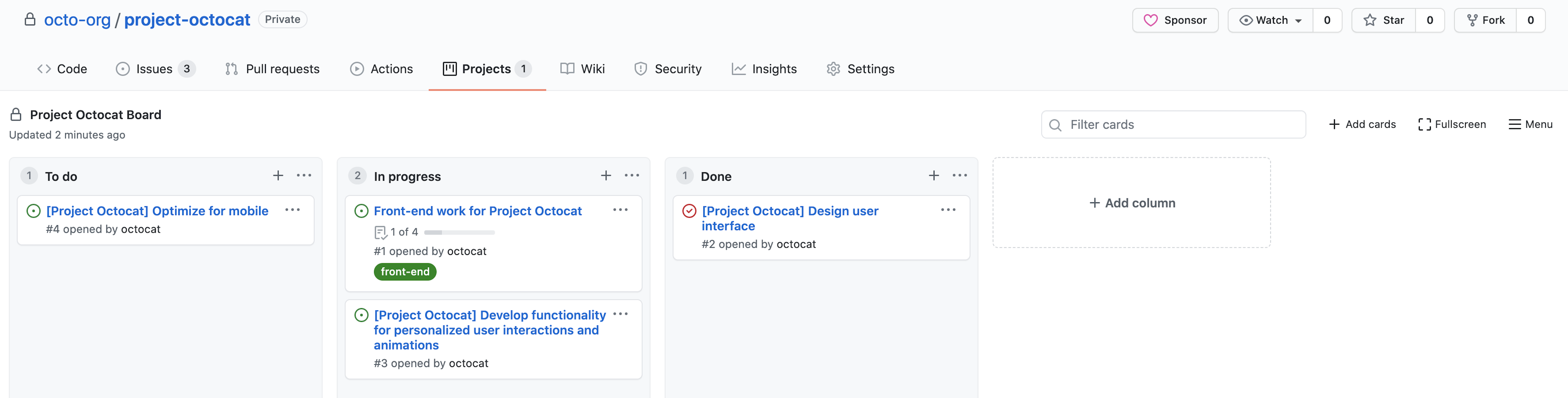 Capture d'écran d'un projet (classique) appelé « Project Octocat Board », avec les problèmes organisés en colonnes « À faire », « En cours » et « Terminé ».