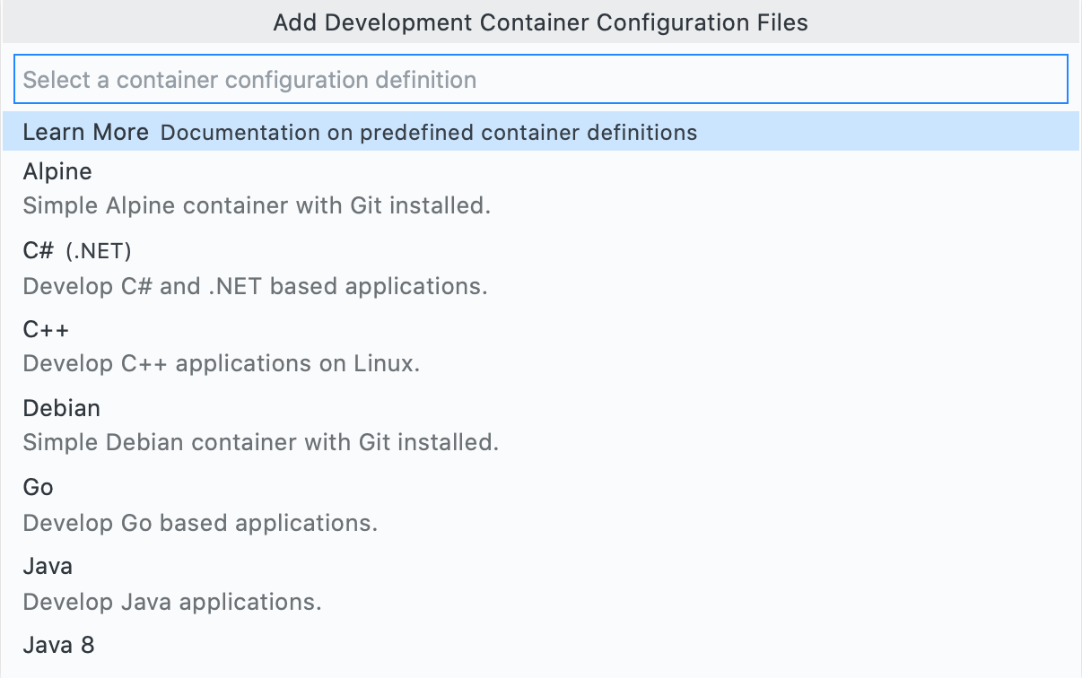 Screenshot des Menüs Konfigurationsdateien für Entwicklungscontainer hinzufügen, mit der Dropdownliste mit Optionen wie Alpine, C# (.NET), C++ und Debian