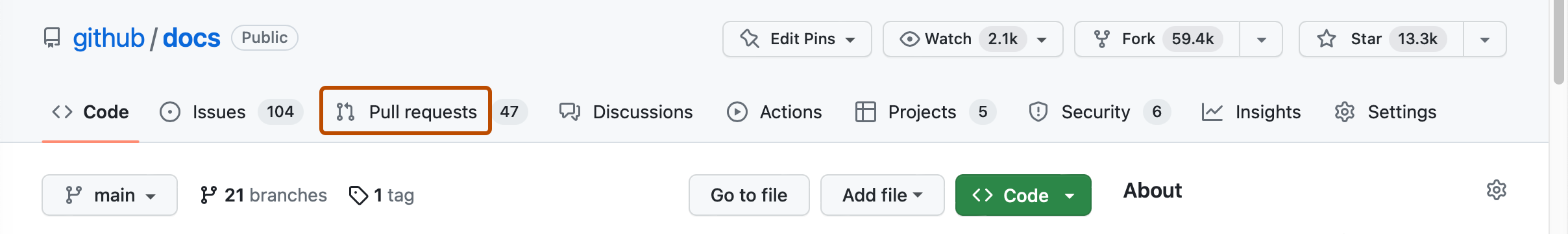 リポジトリのメイン ページのスクリーンショット。 水平ナビゲーション バーでは、[pull request] というラベルが付いたタブが濃いオレンジ色の枠線で囲まれています。