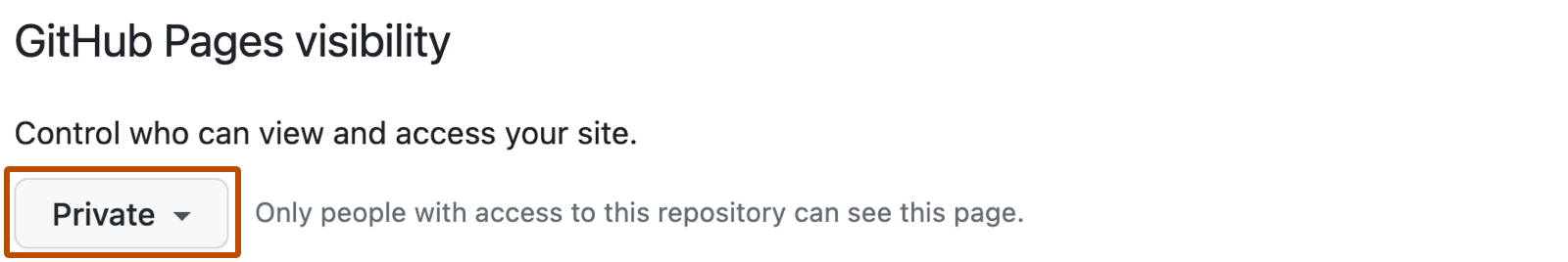GitHub リポジトリの Pages 設定のスクリーンショット。 [プライベート] というラベルの付いた、Pages サイトのプライベートまたはパブリックの可視性を選択するメニューが、濃いオレンジ色の枠線で囲まれています。