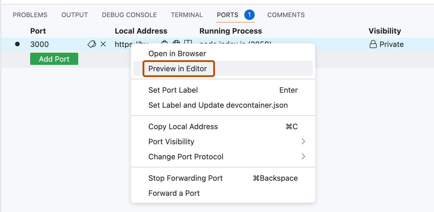 Screenshot des Popup-Menüs auf der Registerkarte VS Code Registerkarte „Ports“. Der Menüeintrag „Vorschau im Editor“ ist durch eine dunkelorange Umrandung hervorgehoben.