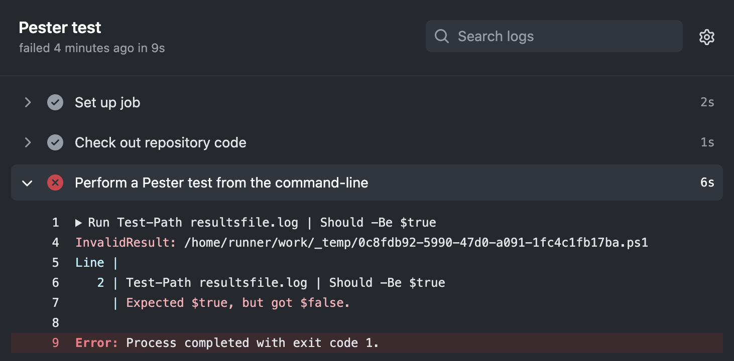 Pester テストでのワークフローの実行エラーのスクリーンショット。 テストでは、"Expected $true, but got $false" と "Error: Process completed with exit code 1." が報告されています。