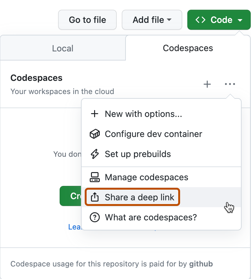 [Codespaces] タブのオプション ドロップダウンのスクリーンショット。[ディープ リンクの共有] オプションがオレンジ色の枠線で強調表示されています。