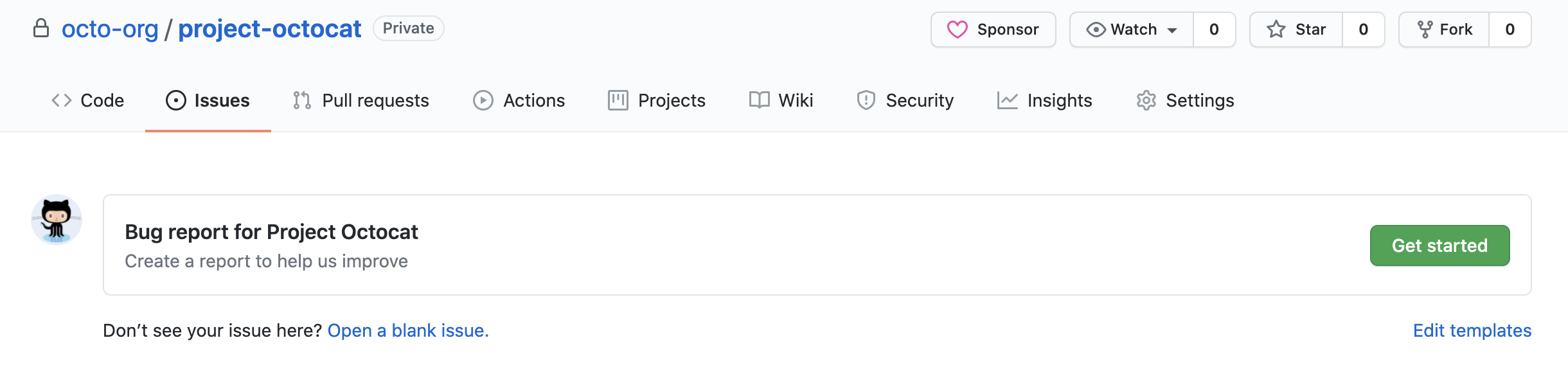 octo-org/project-octocat の [新しい issue] ページのスクリーンショット。"Project Octocat のバグ レポート" テンプレートを使うオプションが表示されています。