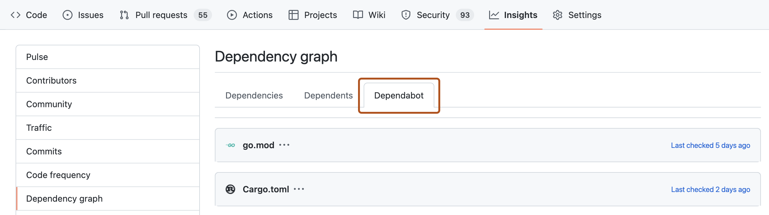 Capture d’écran de la page Graphe des dépendances. Un onglet intitulé « Dependabot » est mis en évidence avec un encadré orange.