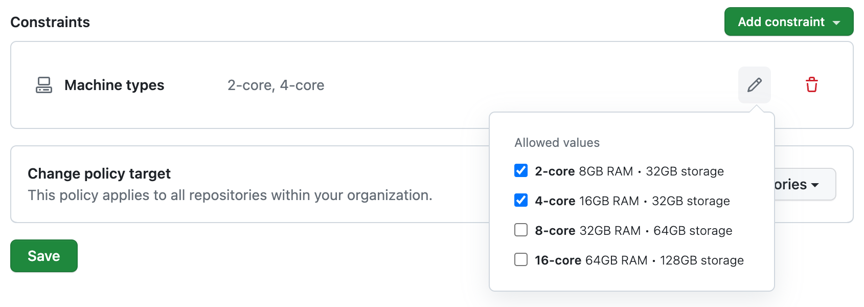 Screenshot of the "Allowed values" dropdown with options for four machine types. The options for 2-core and 4-core machines are selected.