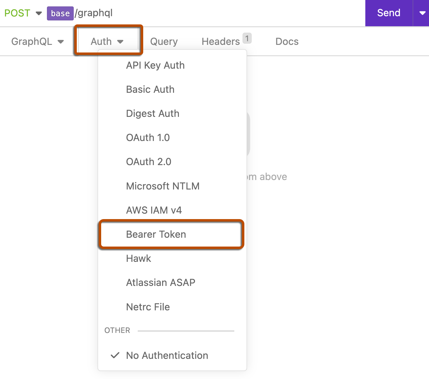 Screenshot of the expanded "Auth" menu in Insomnia. The menu label, "Auth", and the "Bearer Token" option are outlined in dark orange.