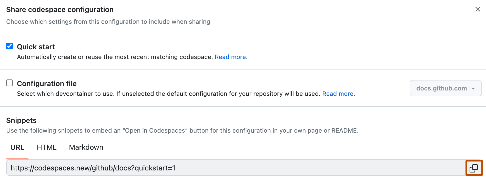 Captura de pantalla de la ventana "Compartir configuración de codespace". Junto a la dirección URL de "nuevo contorno", un icono de dos cuadrados superpuestos se destaca en naranja.