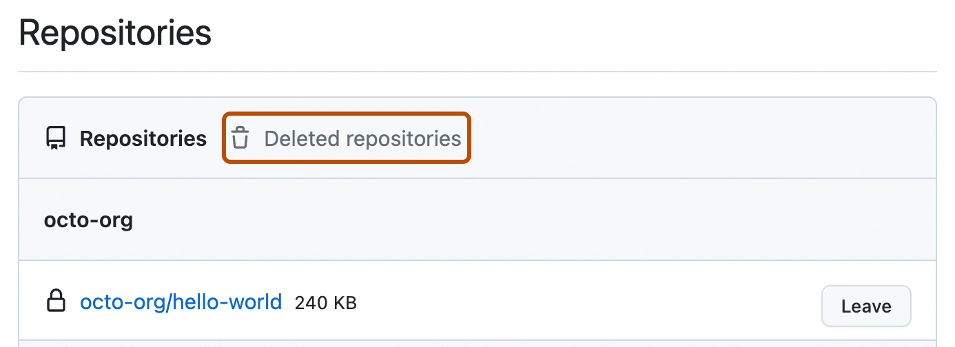 Captura de tela da página de configurações de "Repositórios". Acima de uma lista de repositórios, um link em texto cinza, rotulado como "Repositórios excluídos", está contornado em laranja.