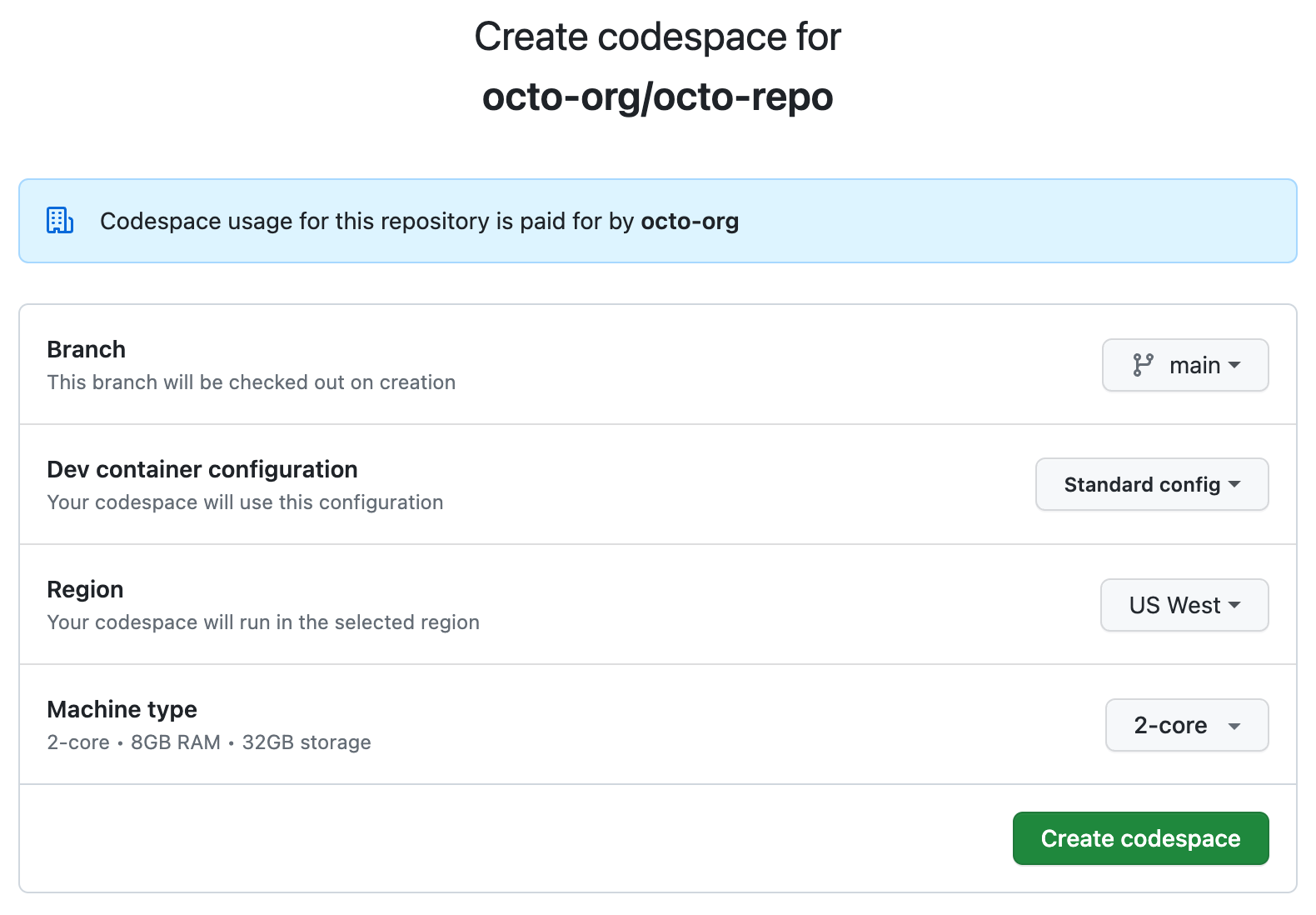 Screenshot of the advanced options page with buttons for "Branch," "Dev container configuration," "Region," and "Machine type."