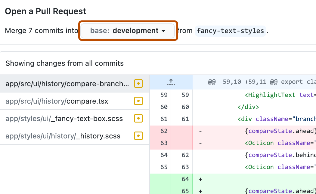 Screenshot des Dialogfelds „Pull Request öffnen“. Eine Schaltfläche mit einem Dropdownsymbol mit der Bezeichnung „Basis: Entwicklung“ ist orange umrandet.