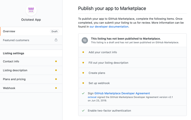 Capture d’écran d’un brouillon GitHub Marketplace. Dans une section intitulée « Publier votre application sur la Place de marché », les éléments d’action non terminés tels que « Ajouter vos informations de contact » sont marqués de cercles orange.