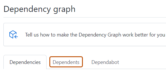 Captura de tela da página "Grafo de dependência". A guia "Dependentes" está realçada com um contorno laranja.