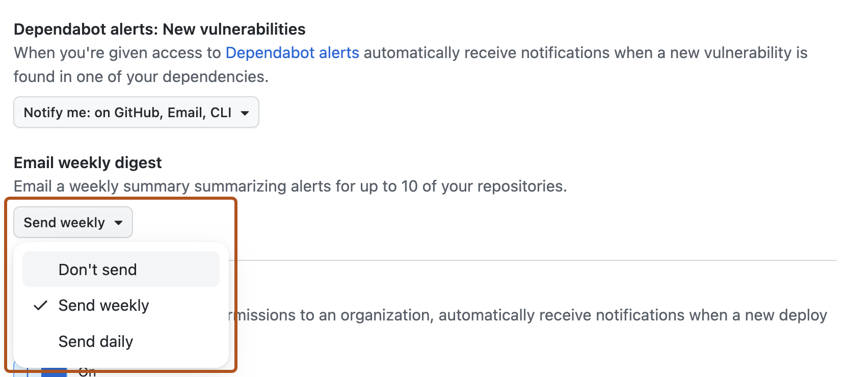 Capture d’écran des options de notification pour Dependabot alerts. Un menu déroulant, montrant les options de fréquence des notifications, est mis en évidence par un contour orange.