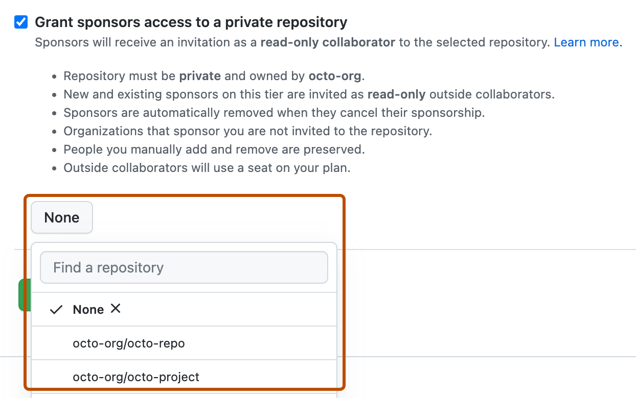 Screenshot eines Bearbeitungsbildschirms für die Sponsoringebene. Das erweiterte Dropdownmenü mit den Repositorys, auf die du Sponsoren Zugriff gewähren kannst, ist dunkelorange umrandet.