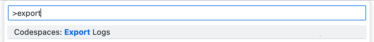 Captura de pantalla de la paleta de comandos con el texto de búsqueda "export" y la opción "Codespaces: Export Logs".