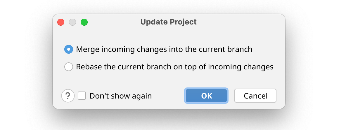 Capture d’écran de la boîte de dialogue « Mettre à jour le projet » avec les options de fusion ou de rebasement, ainsi qu’une case à cocher « Ne plus afficher ».