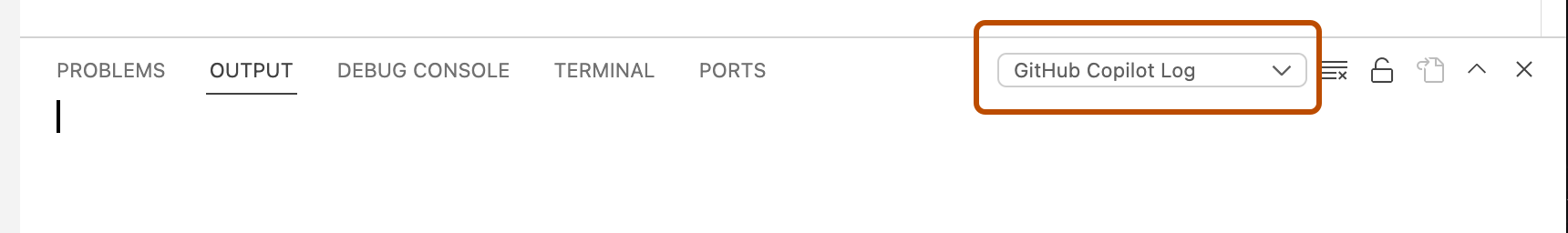 Captura de tela da janela de Saída com o "log do GitHub Copilot" selecionado no menu suspenso.