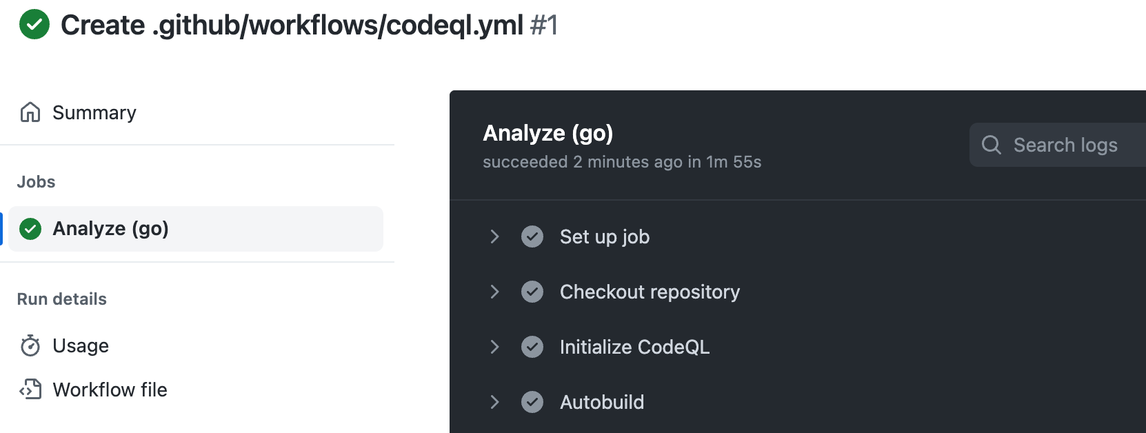 Log output from the code scanning workflow