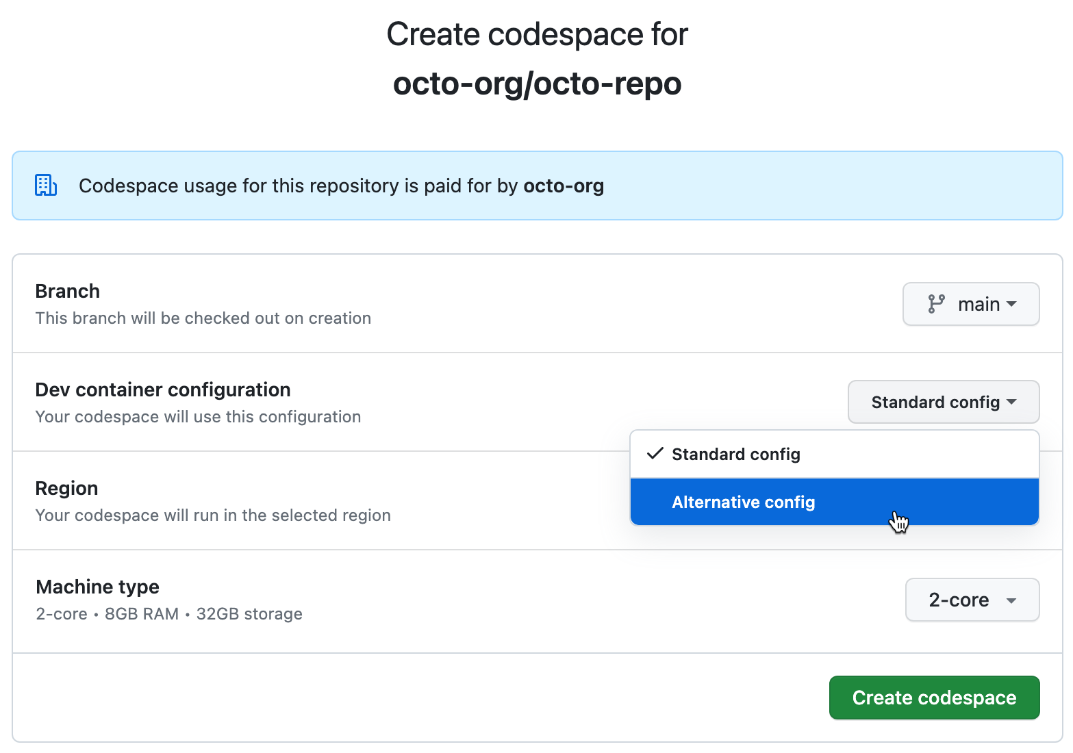 Codespace 创建选项页面的屏幕截图，其中显示了列出配置文件选择的下拉列表。