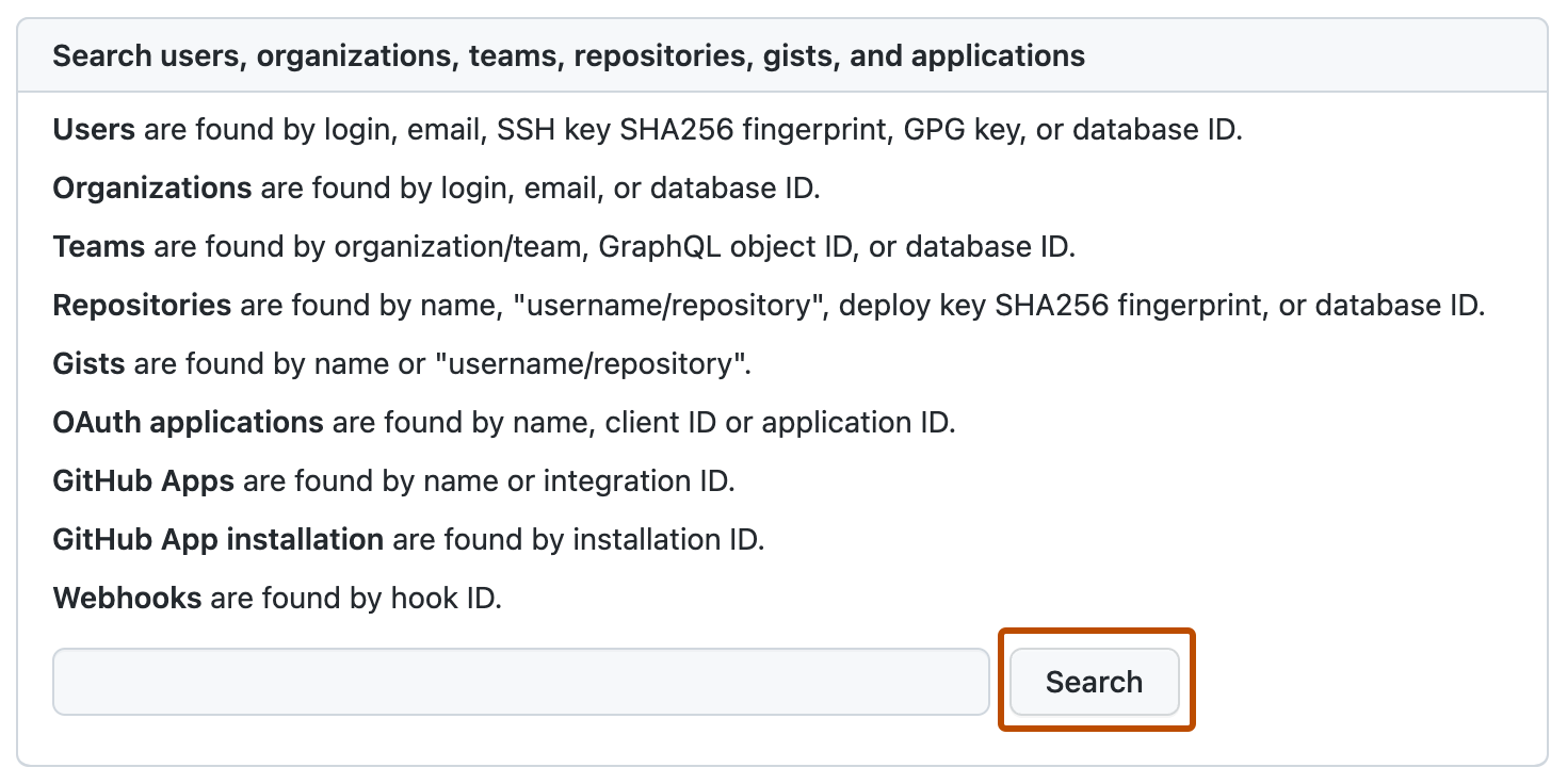 Capture d’écran de la page « Rechercher » des paramètres « Administrateur de site ». Le bouton pour rechercher dans les dépôts, intitulé « Rechercher », est mis en évidence avec un encadré orange.