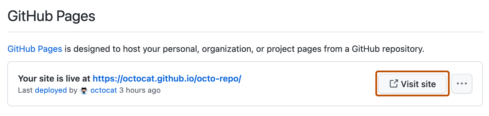 Captura de pantalla de un mensaje de confirmación para GitHub Pages que muestra la dirección URL del sitio. A la derecha de la dirección URL, aparece un botón con la etiqueta "Visitar sitio" en color naranja oscuro.