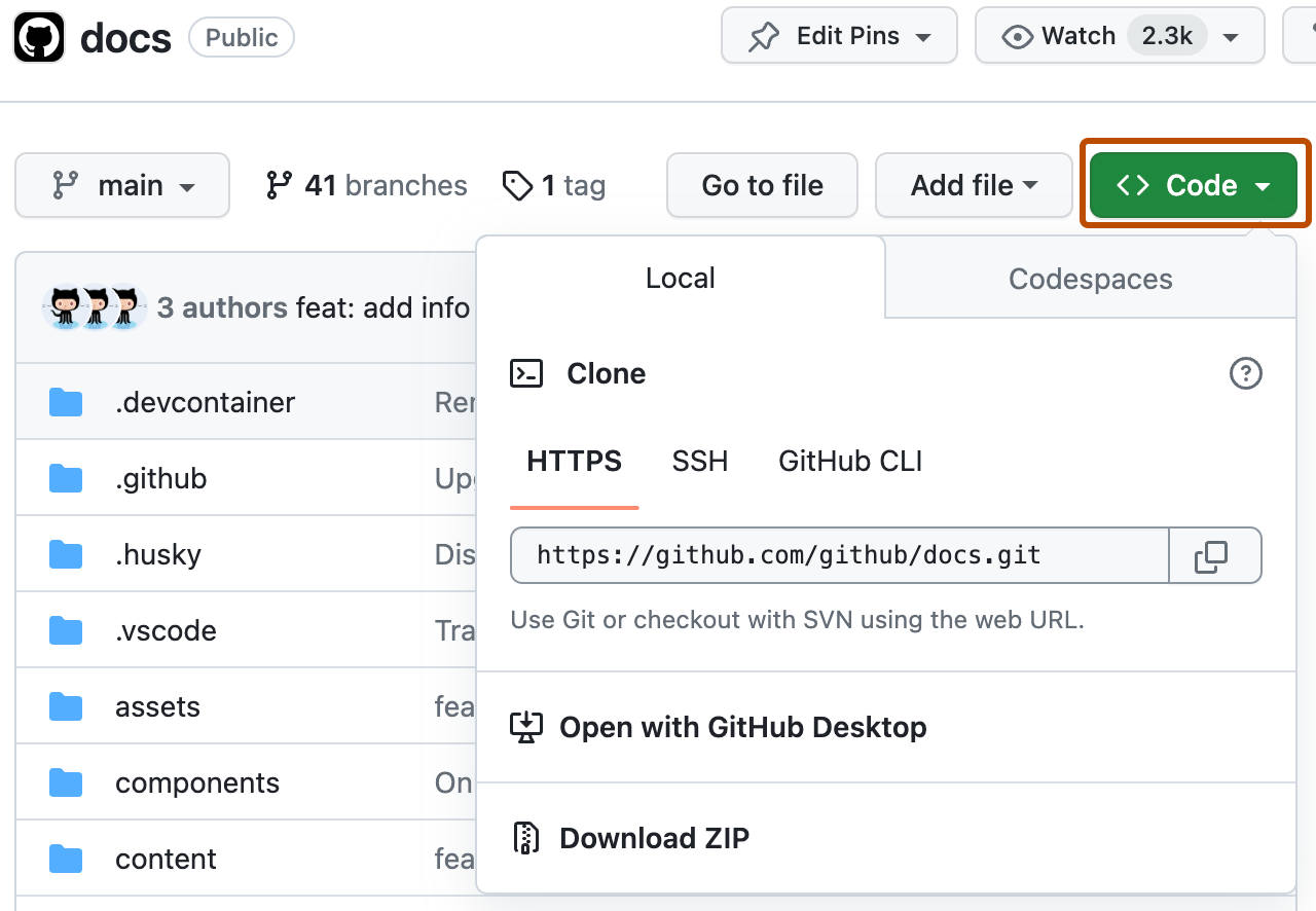 Screenshot der Hauptseite eines Repositorys. Eine grüne Schaltfläche mit der Bezeichnung „Code“ ist dunkelorange umrandet und erweitert, um die HTTPS-URL für das Repository anzuzeigen.