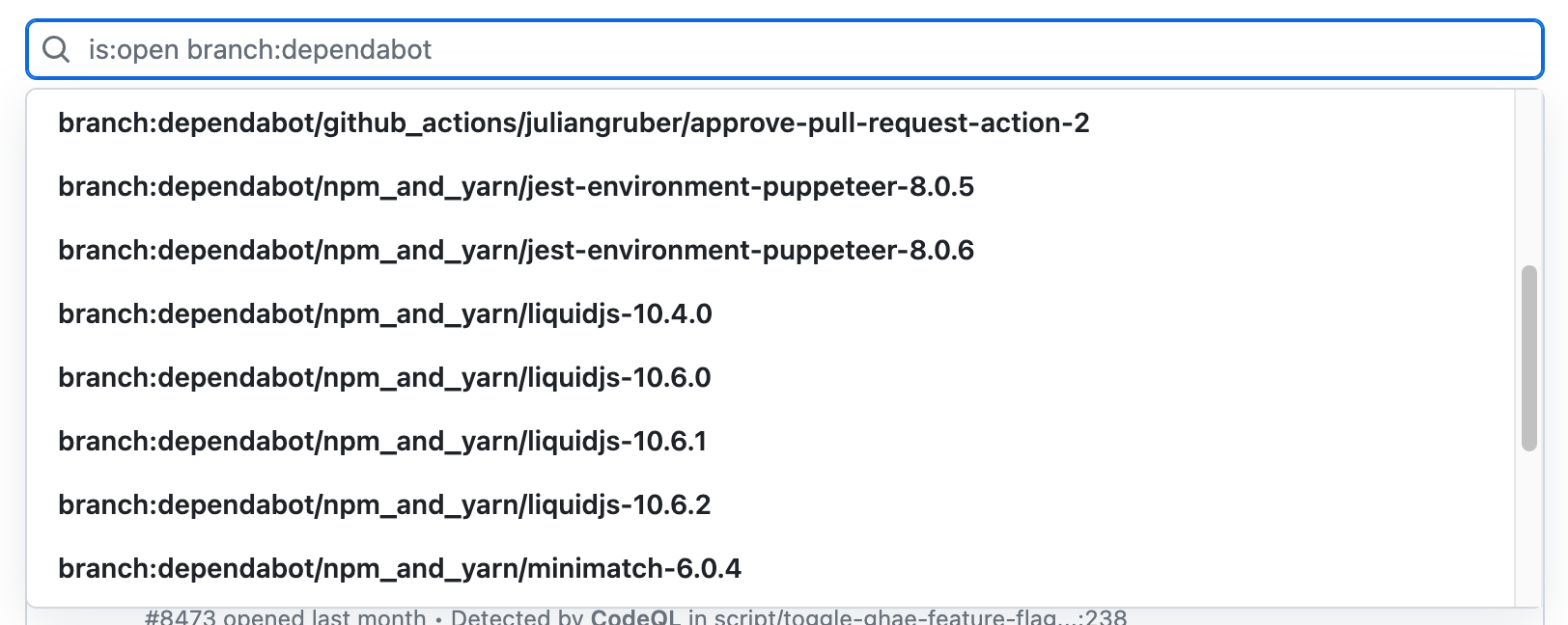 Captura de tela do campo de pesquisa na exibição de alertas da code scanning. O usuário digitou "branch:dependabot" no campo. Os nomes de todos os branches válidos com um nome, incluindo "dependabot", são mostrados em um menu suspenso.