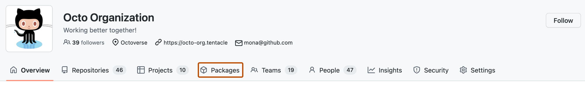 Screenshot der Profilseite von @octo-org. Die Registerkarte „Pakete“ ist orange umrandet.