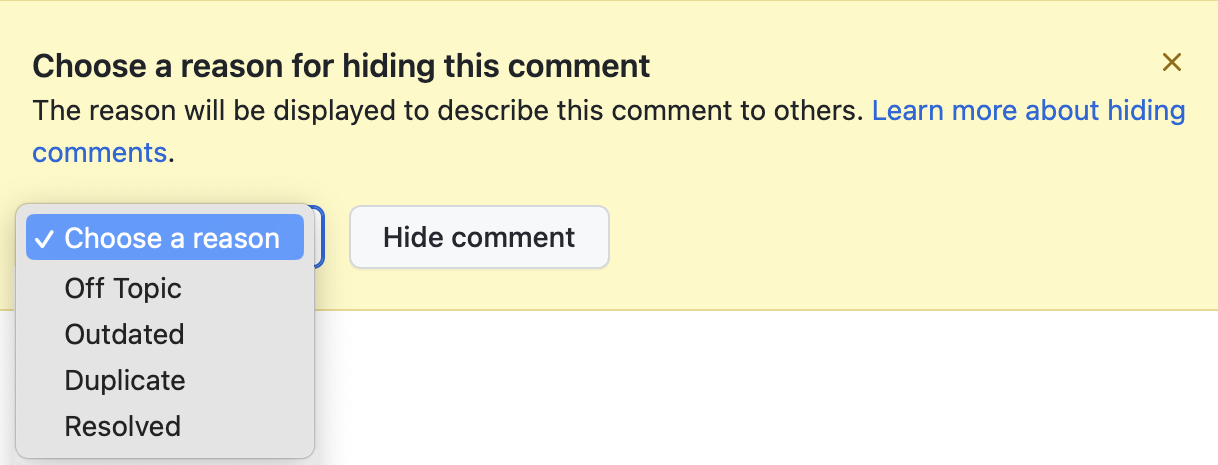 Choose reason for hiding comment drop-down menu