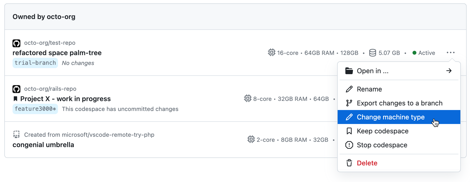 Screenshot of the dropdown menu for a codespace. The "Change machine type" option is highlighted.