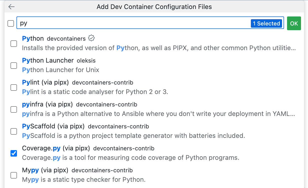 "Coverage.py" が選ばれている、[開発コンテナー構成ファイルの追加] ドロップダウンのスクリーンショット。