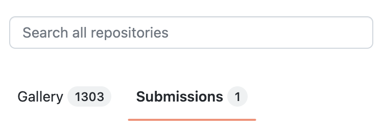 GitHub Community Exchange 홈페이지의 검색 창 및 "갤러리" 탭 옆에 있는 "제출" 탭의 스크린샷.